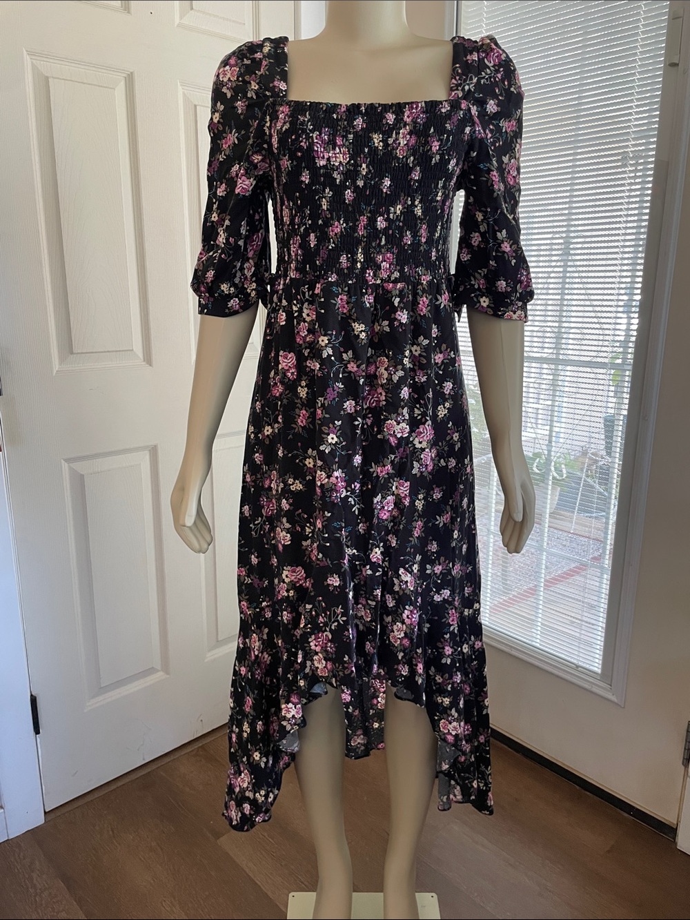 Melrose and Market Black Floral Smocked High-Low Dress